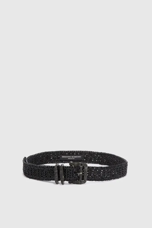 Black raffia belt with jewel buckle and loops made by Ermanno Scervino