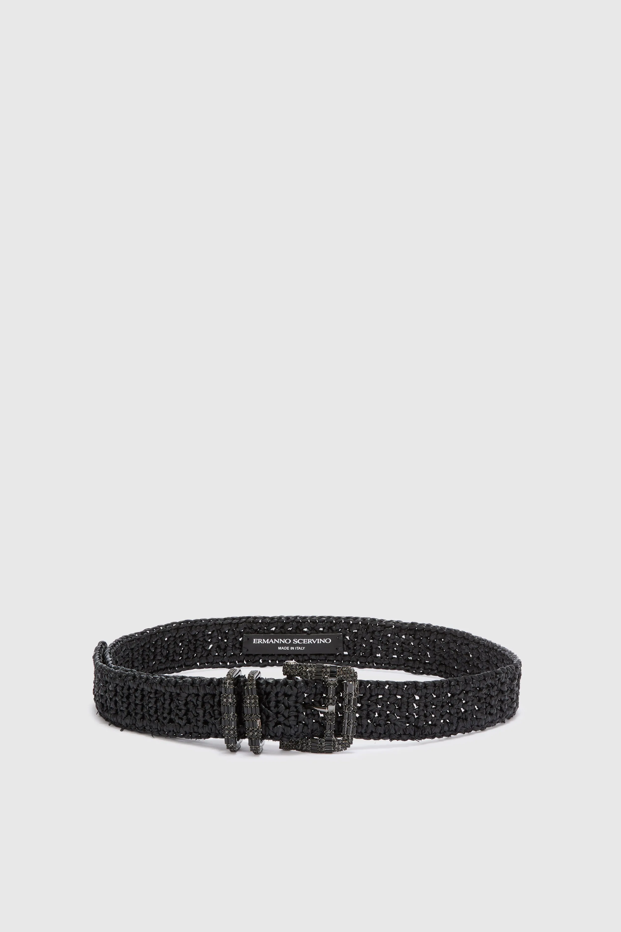 Black raffia belt with jewel buckle and loops sold by Ermanno Scervino