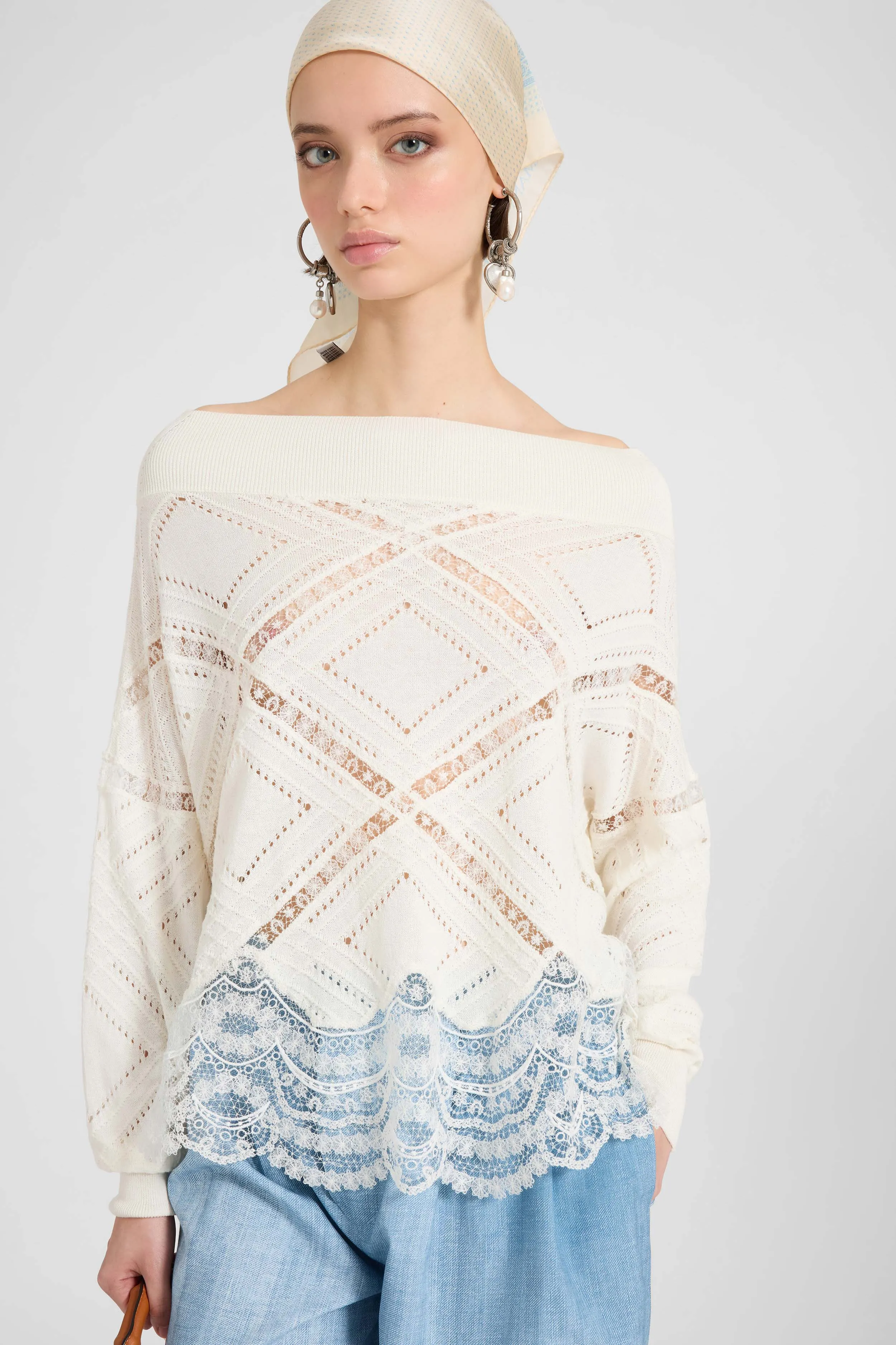 Long-sleeve sweater in cotton, silk and lace sold by Ermanno Scervino product image thumbnail 3