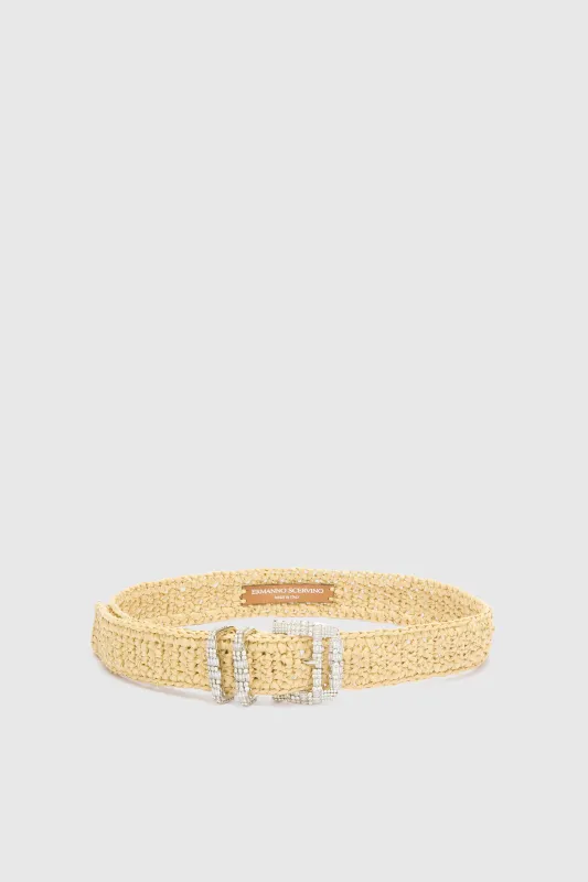 Natural raffia belt with jewel buckle and loops made by Ermanno Scervino