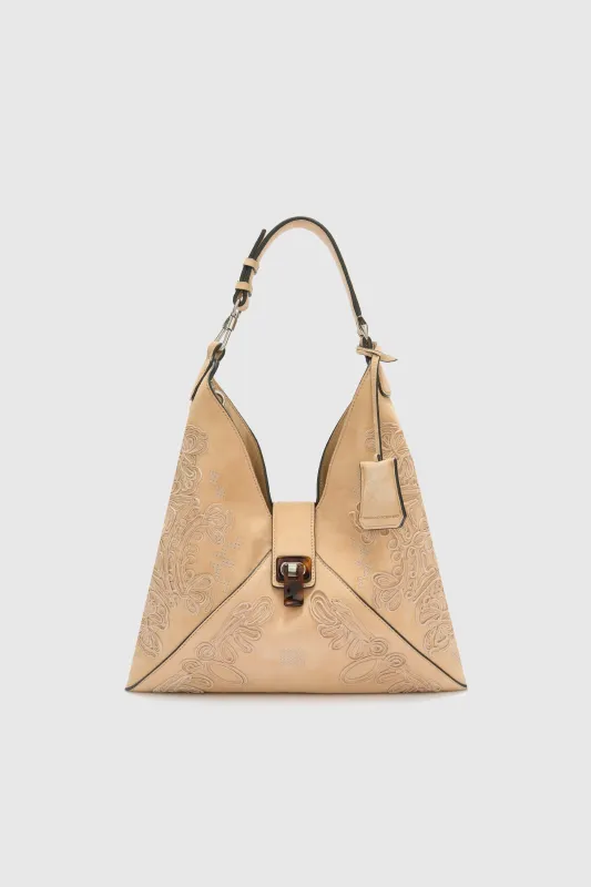 Hobo bag in suede with maiolica embroidery made by Ermanno Scervino