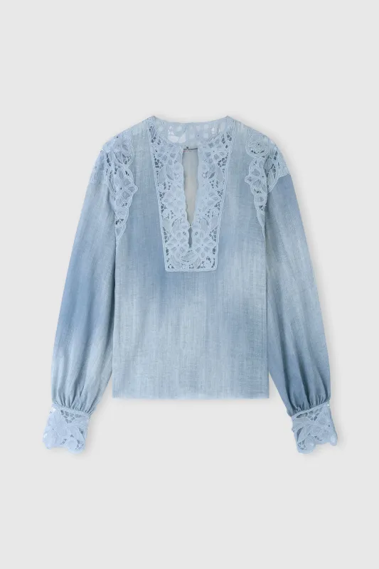Silk crêpe caftan blouse with denim print made by Ermanno Scervino
