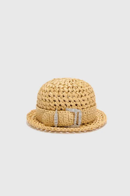 Natural raffia cloche with jewel belt made by Ermanno Scervino