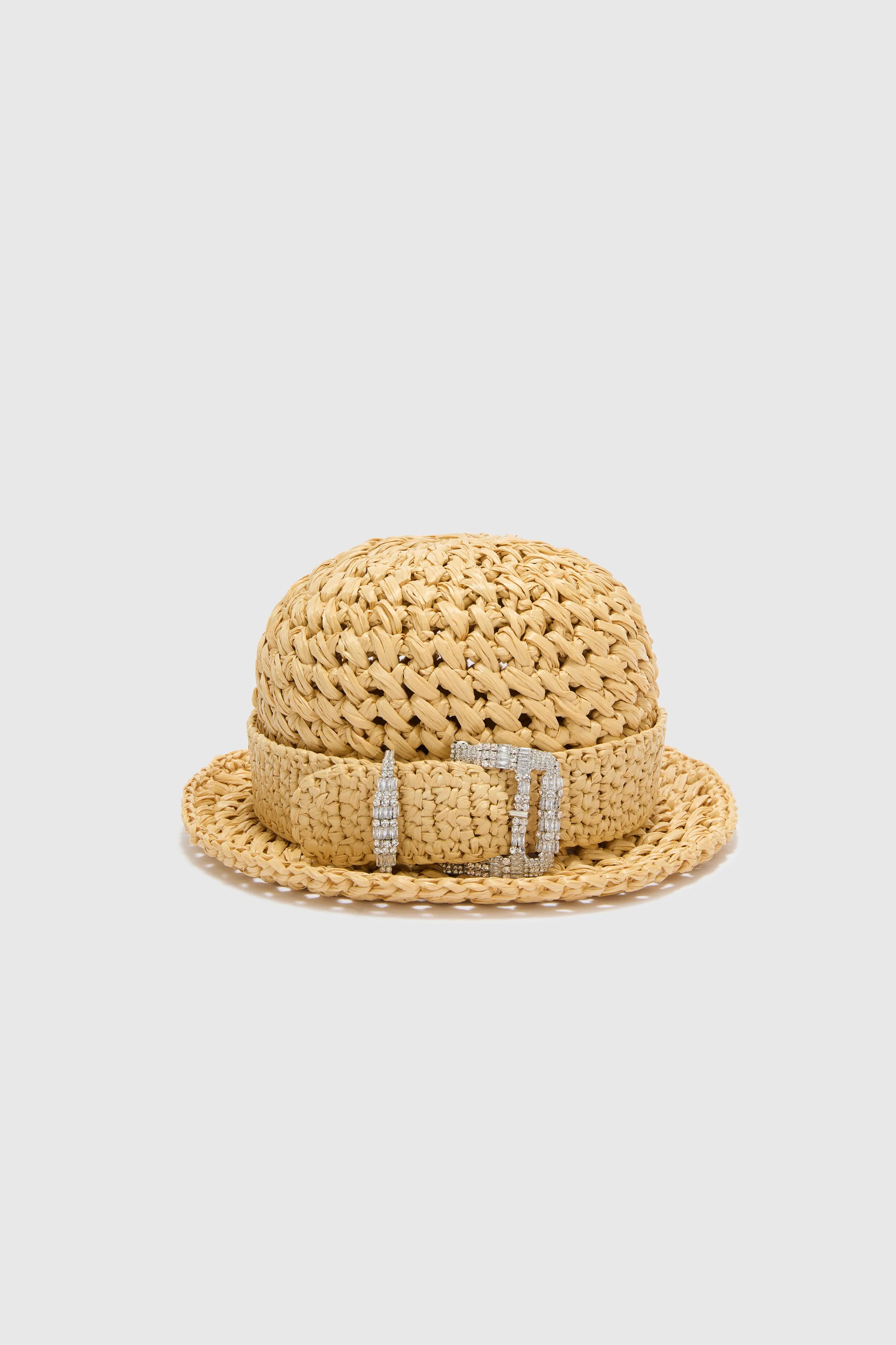 Natural raffia cloche with jewel belt sold by Ermanno Scervino