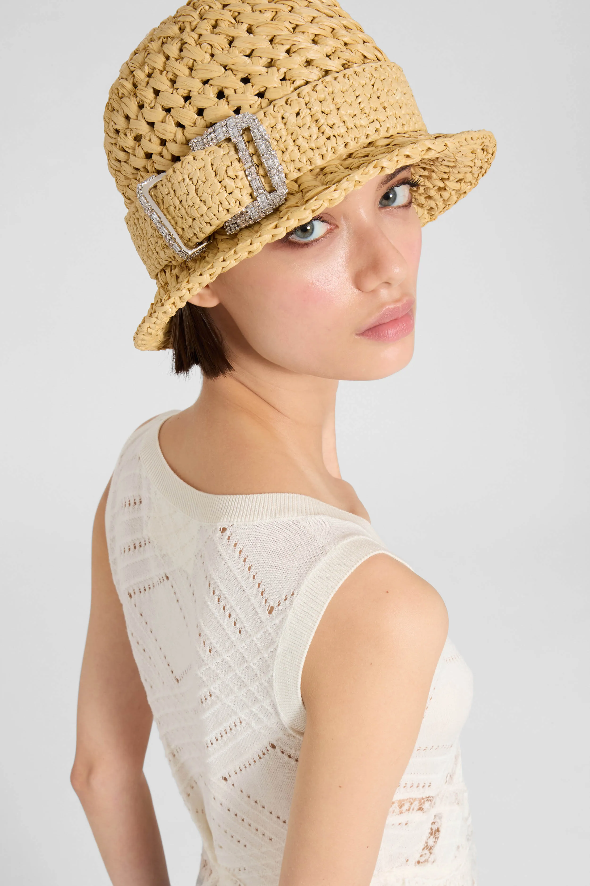 Natural raffia cloche with jewel belt sold by Ermanno Scervino product image thumbnail 2