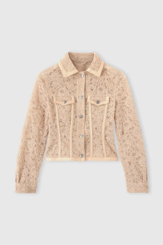 Bustier jacket in rebrodé lace with nappa trim made by Ermanno Scervino
