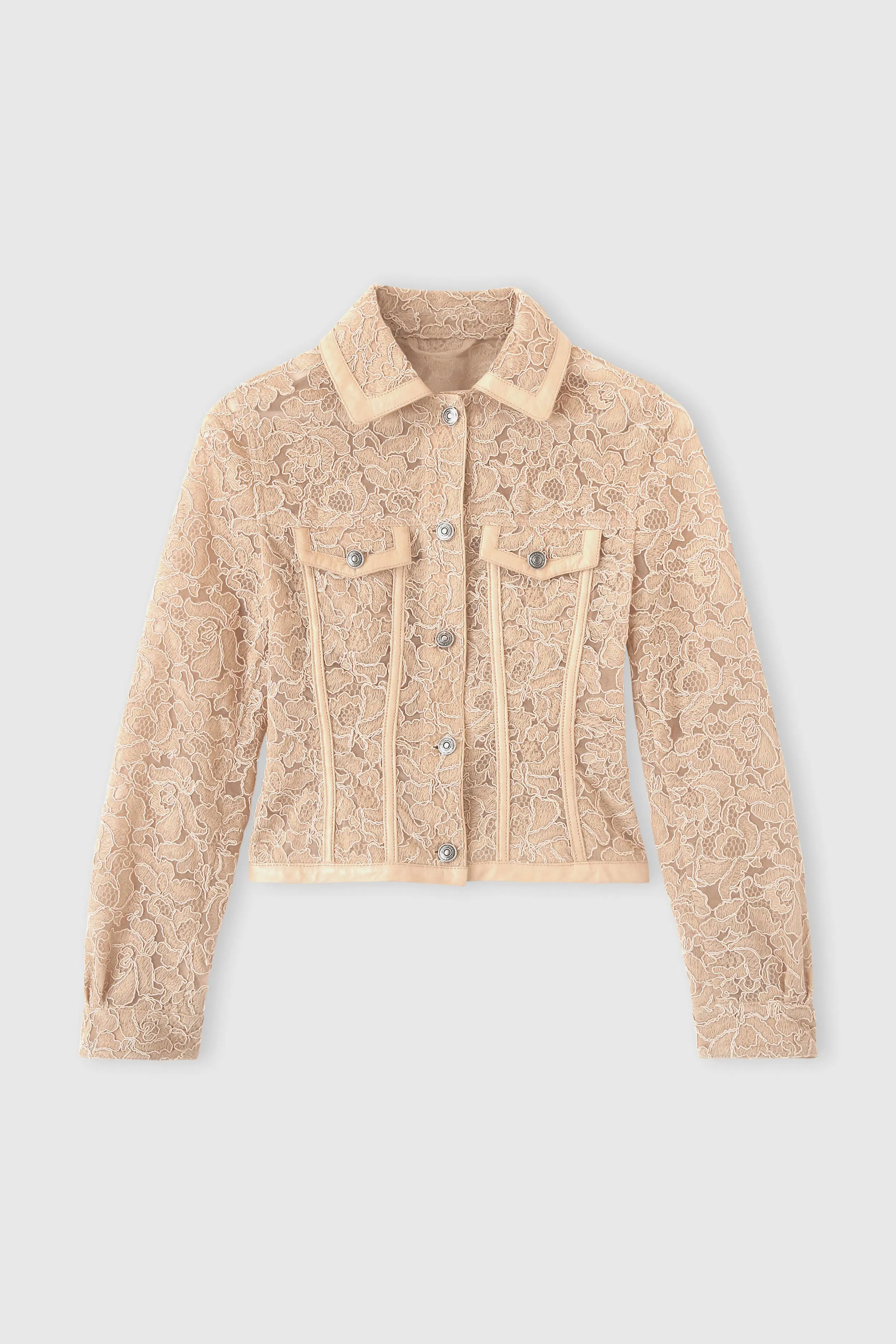 Bustier jacket in rebrodé lace with nappa trim sold by Ermanno Scervino