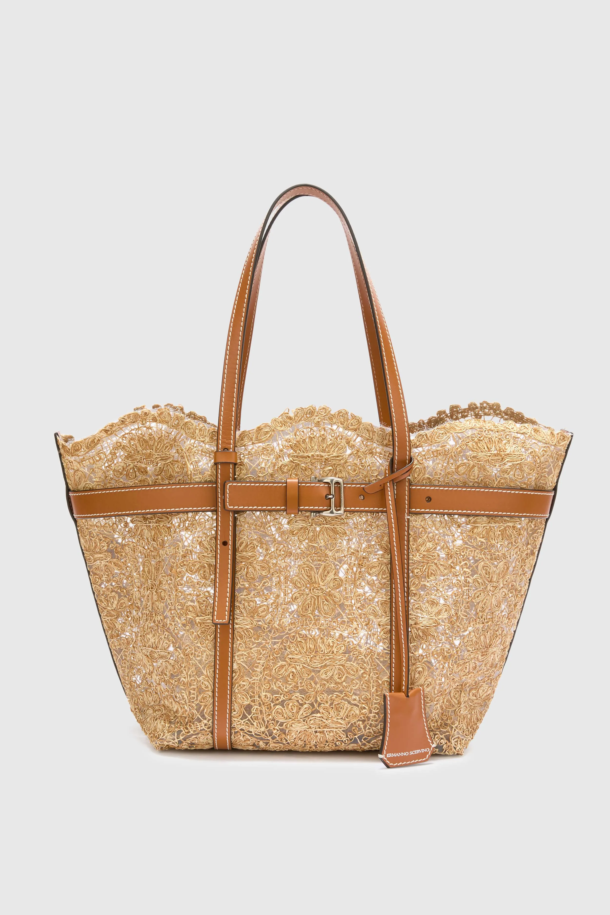 Medium natural shopping bag in raffia lace maiolica sold by Ermanno Scervino