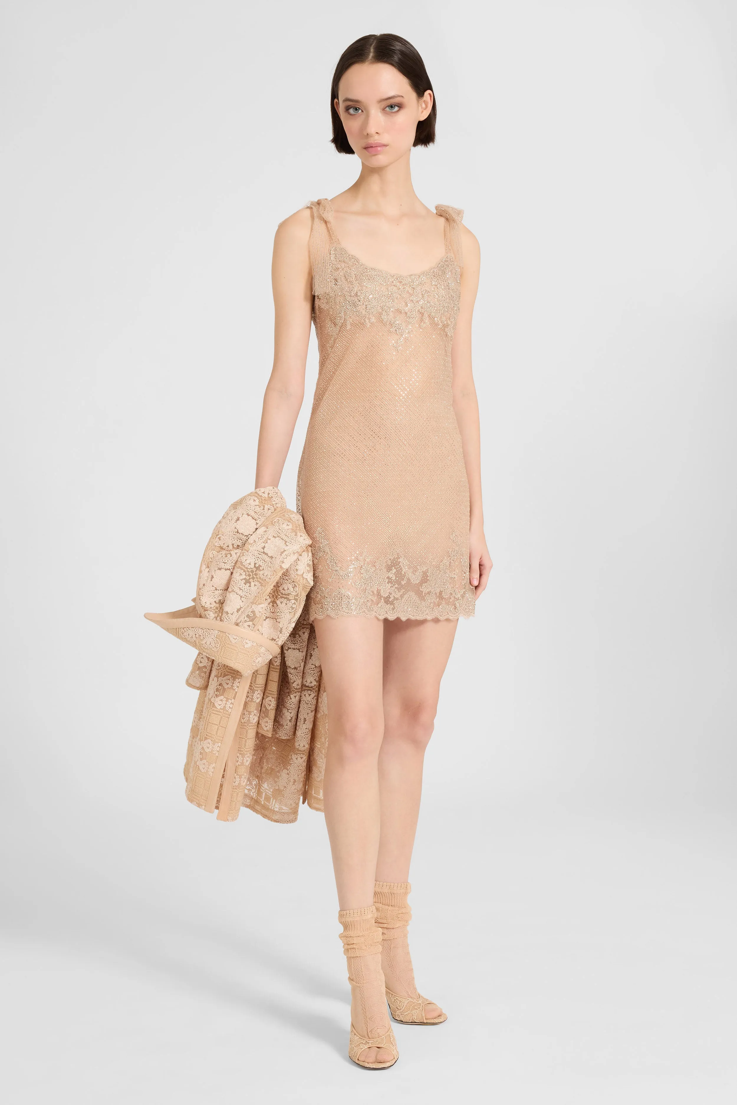 Slip dress in plumetis tulle with crystals and bow straps sold by Ermanno Scervino product image thumbnail 2