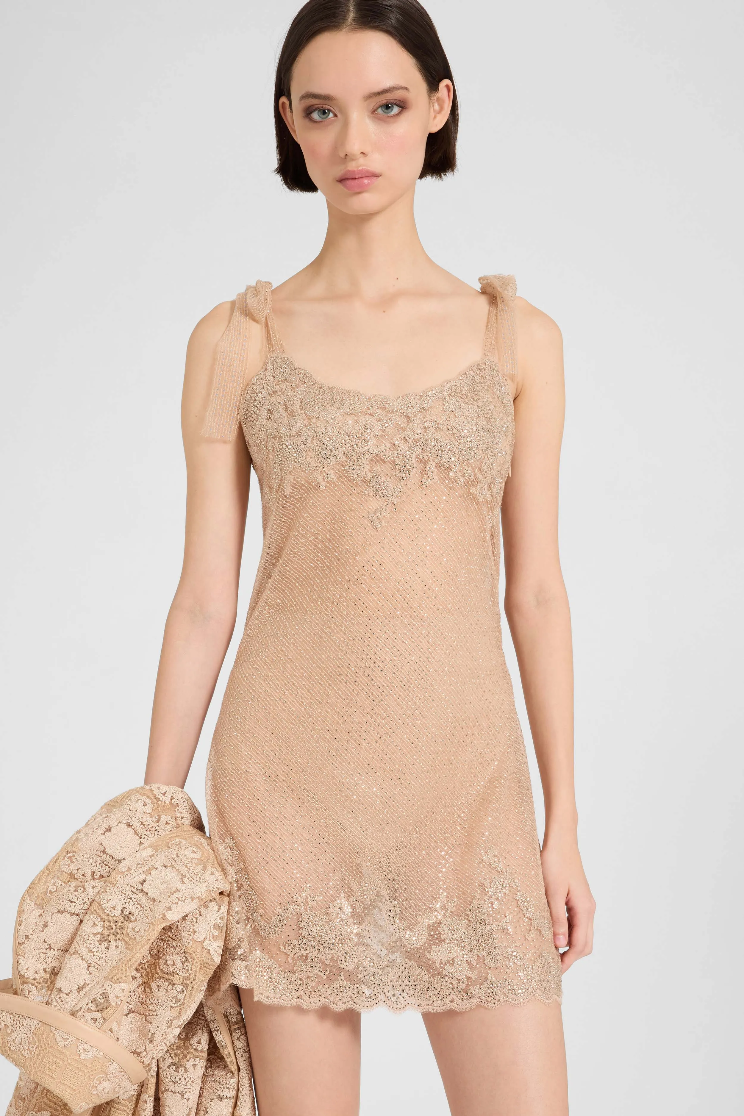 Slip dress in plumetis tulle with crystals and bow straps sold by Ermanno Scervino product image thumbnail 3