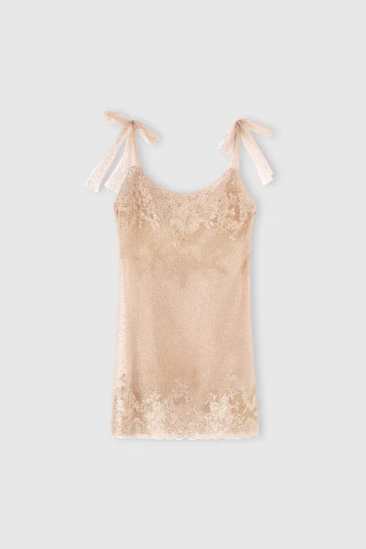 Slip dress in plumetis tulle with crystals and bow straps made by Ermanno Scervino