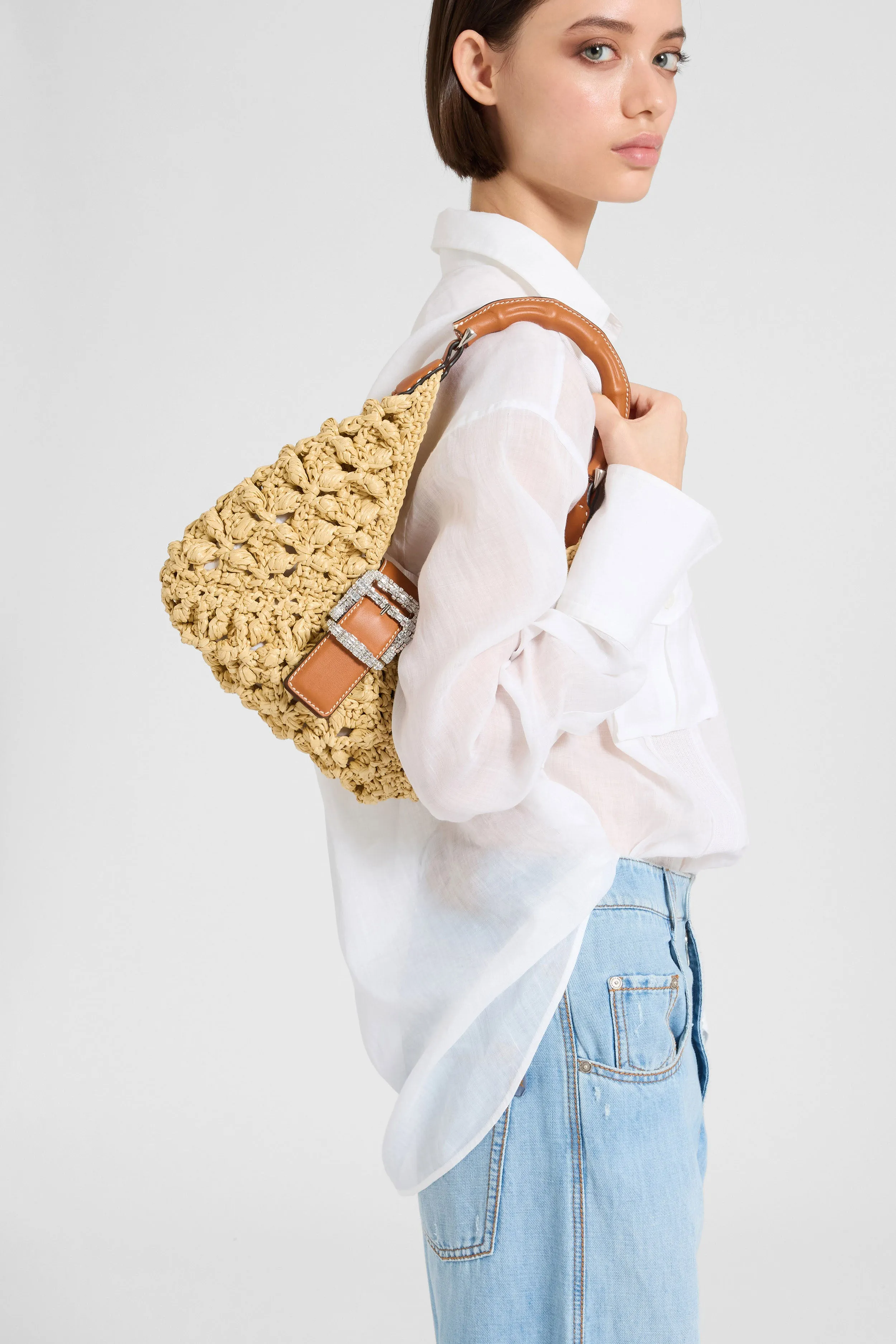 Mini hobo bag in natural raffia with bamboo handle sold by Ermanno Scervino product image thumbnail 2