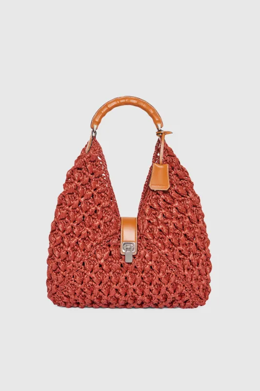 Hobo bag in raffia color leather with bamboo handle made by Ermanno Scervino