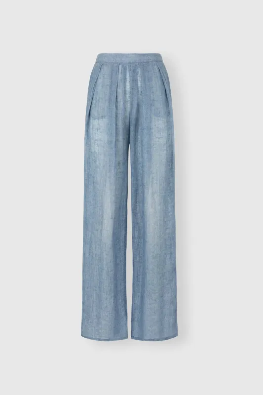 Denim-effect linen gauze palazzo trousers with drawstring waist made by Ermanno Scervino