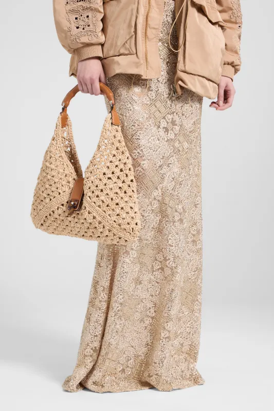 Hobo bag in suede braid color almond with bamboo handle made by Ermanno Scervino
