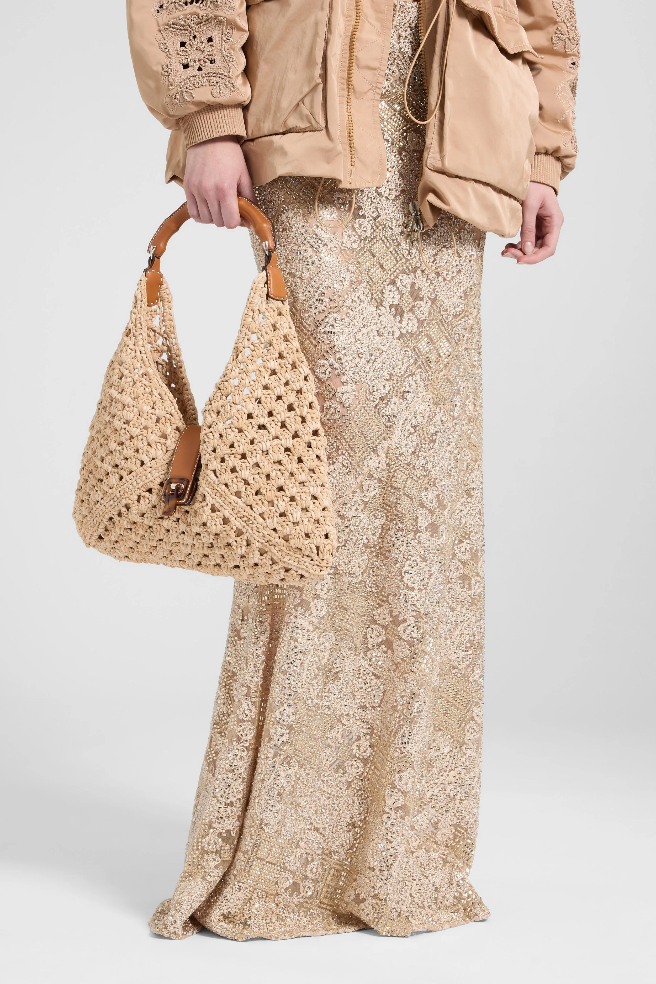 Hobo bag in suede braid color almond with bamboo handle sold by Ermanno Scervino