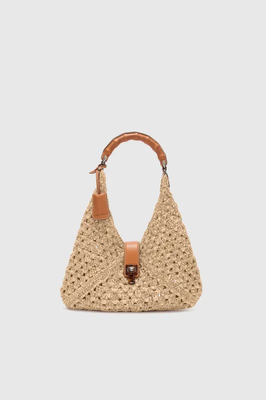 Clio bag in suede braid color almond with bamboo handle made by Ermanno Scervino