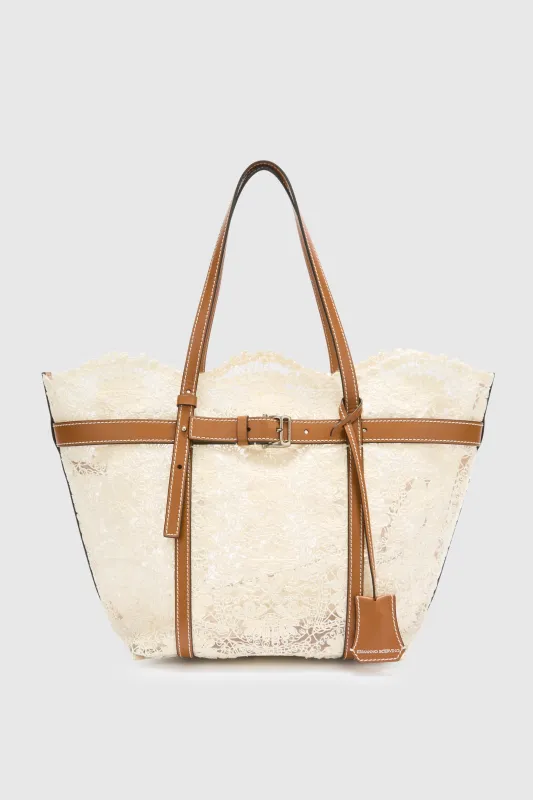 Medium white shopping bag in raffia lace maiolica made by Ermanno Scervino