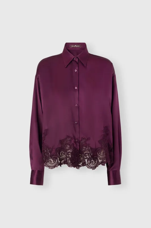 Boxy silk satin shirt with lace hem detail made by Ermanno Scervino