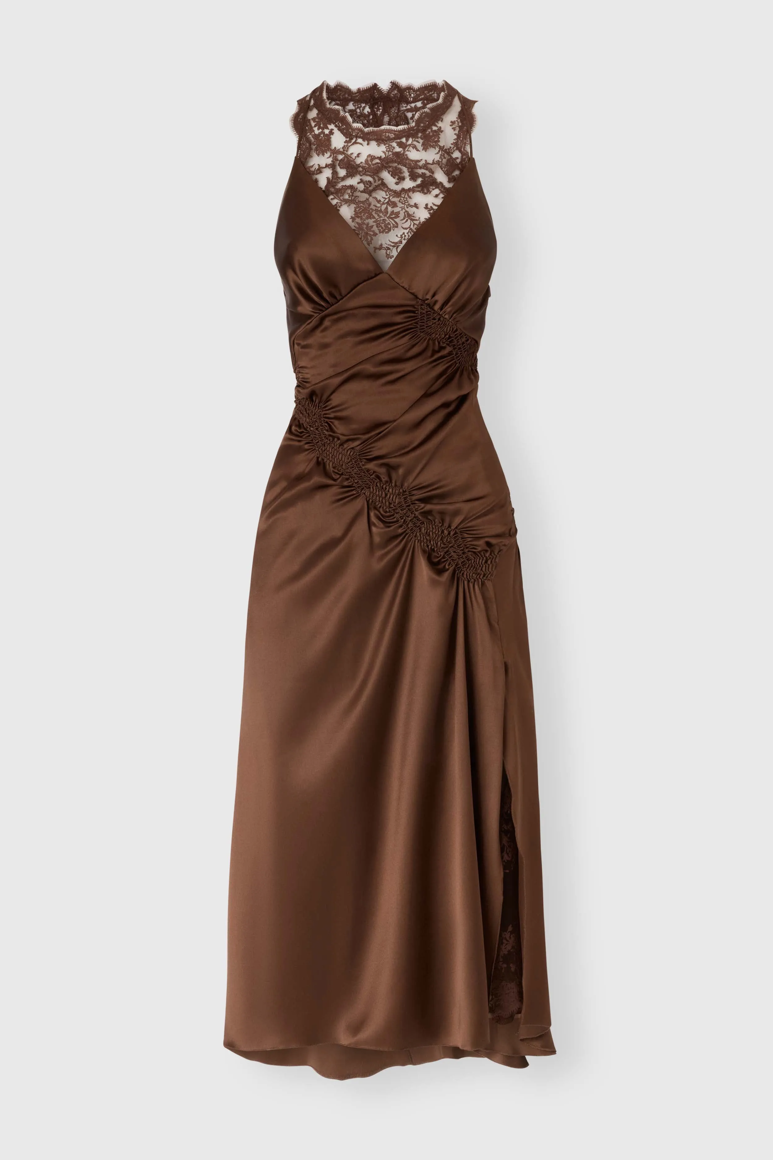 Hand-draped silk satin midi dress with lace details sold by Ermanno Scervino