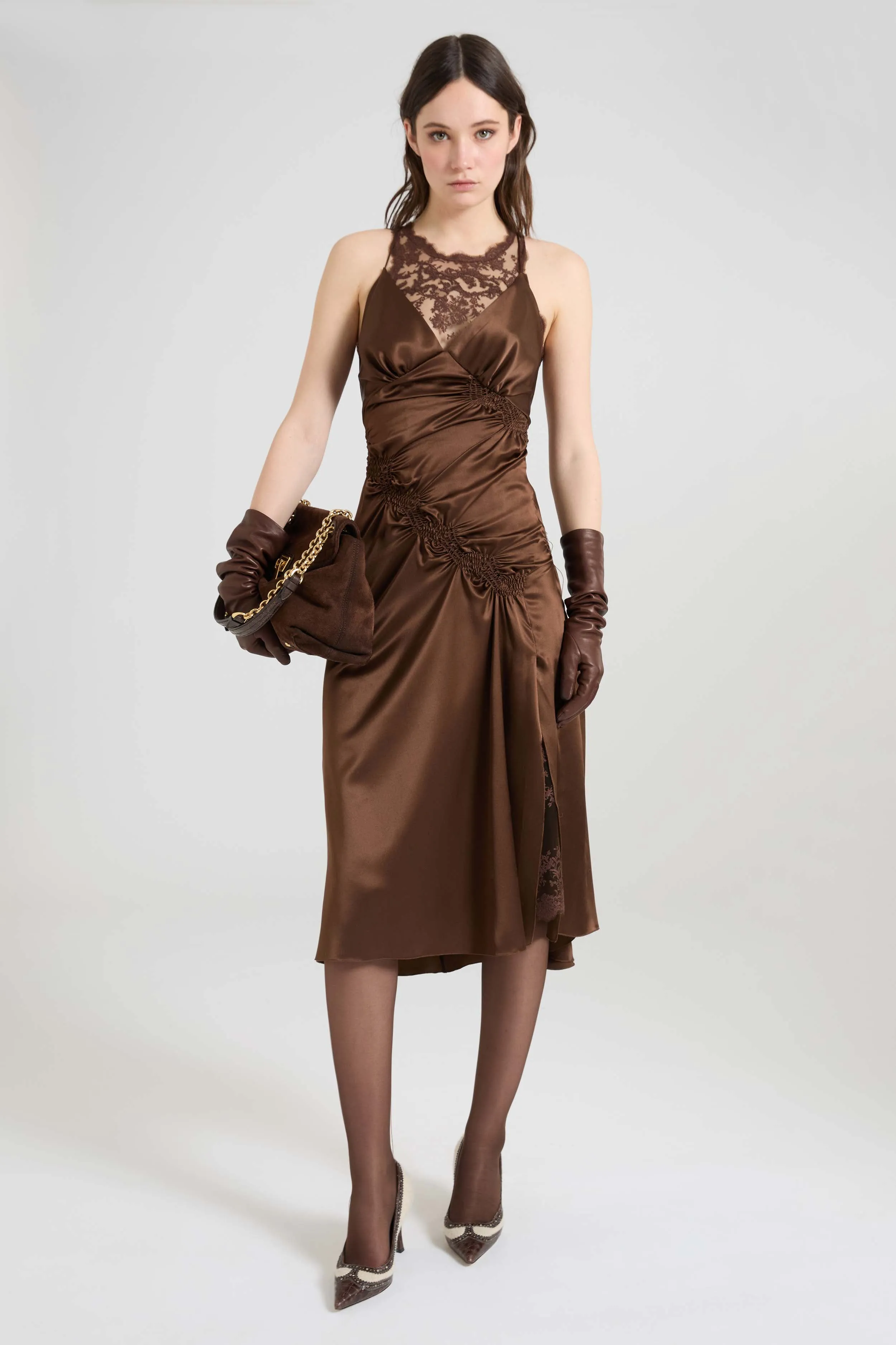 Hand-draped silk satin midi dress with lace details sold by Ermanno Scervino product image thumbnail 2