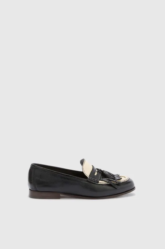 Black College loafers in vintage-effect shearling leather with tassels made by Ermanno Scervino