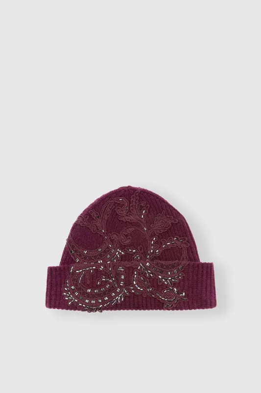 Pure cashmere ribbed beanie with lace and crystals made by Ermanno Scervino