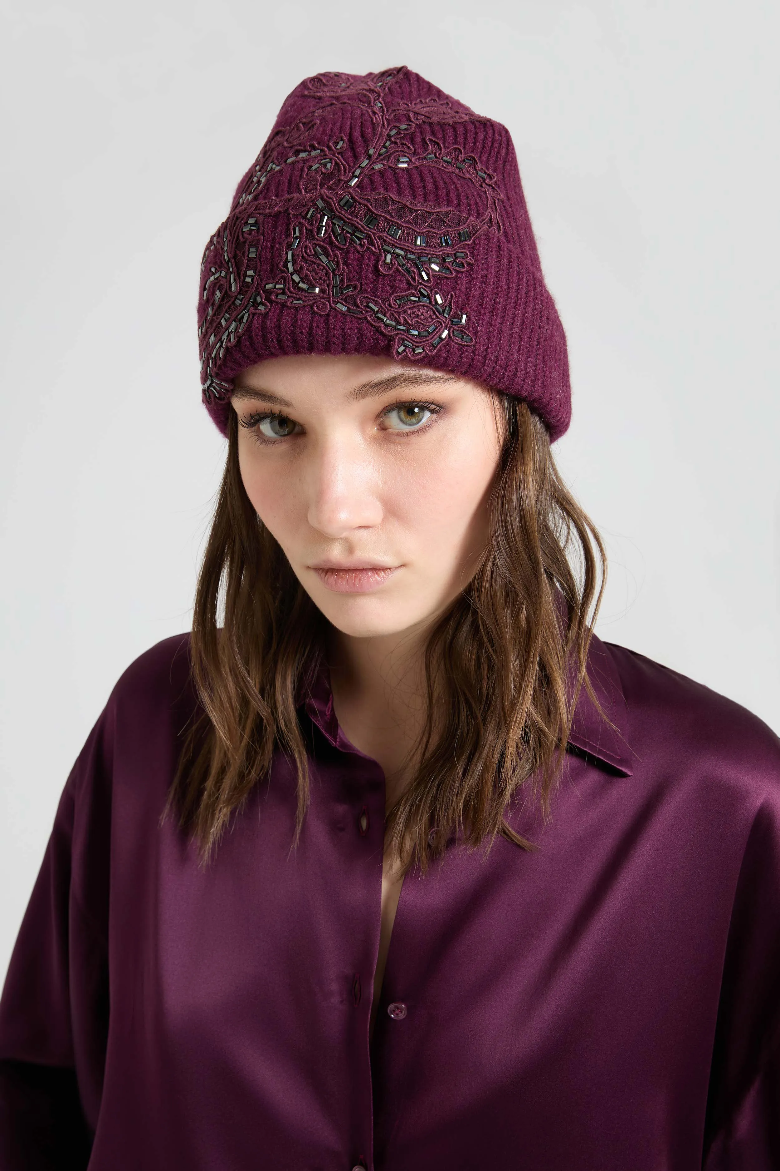 Pure cashmere ribbed beanie with lace and crystals sold by Ermanno Scervino product image thumbnail 2