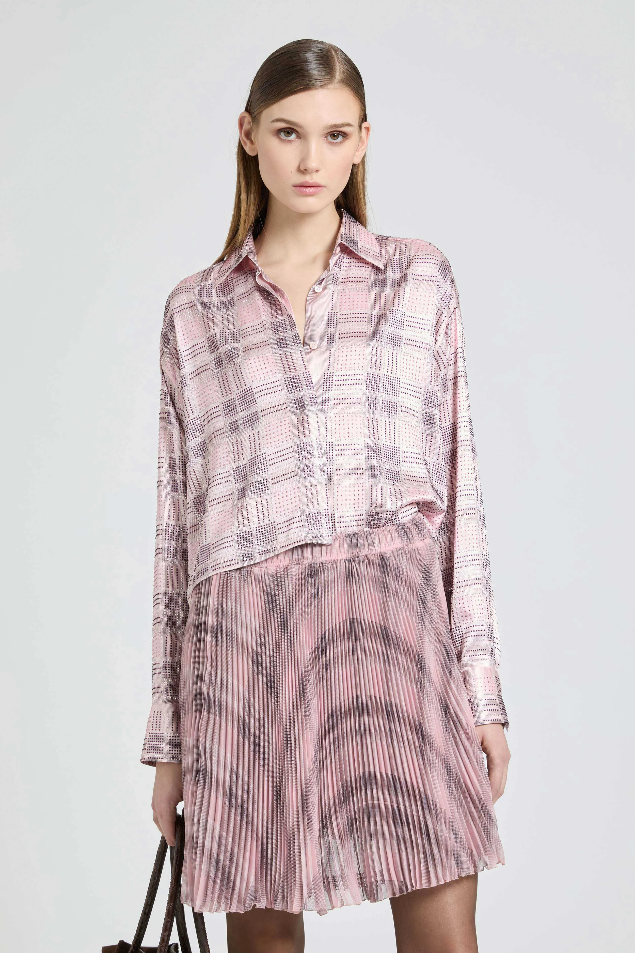 Boxy silk satin shirt with check print and tone-on-tone crystals sold by Ermanno Scervino product image thumbnail 3