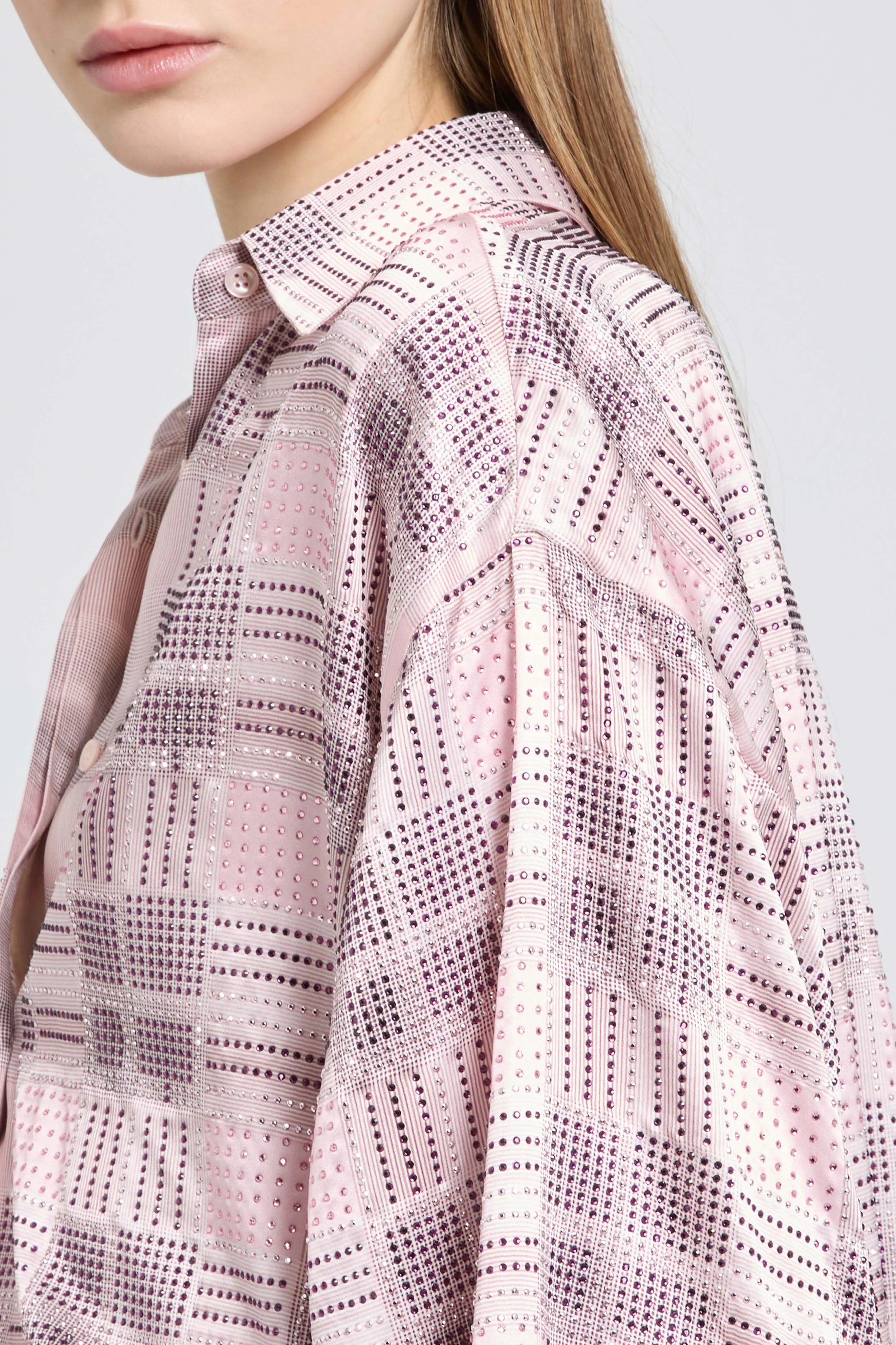Boxy silk satin shirt with check print and tone-on-tone crystals sold by Ermanno Scervino product image thumbnail 4