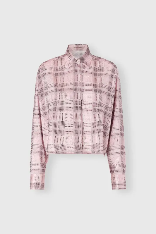 Boxy silk satin shirt with check print and tone-on-tone crystals made by Ermanno Scervino