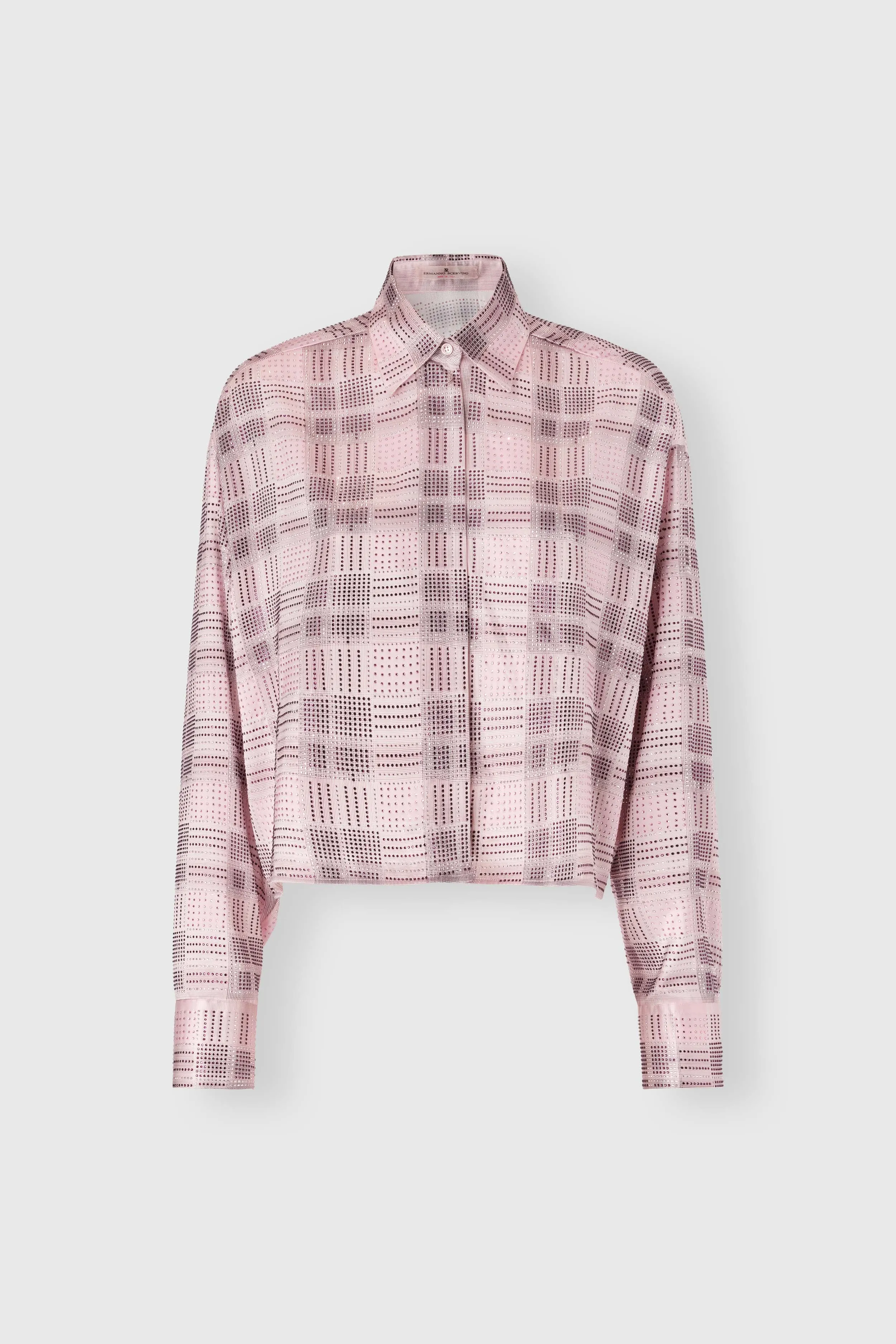 Boxy silk satin shirt with check print and tone-on-tone crystals sold by Ermanno Scervino