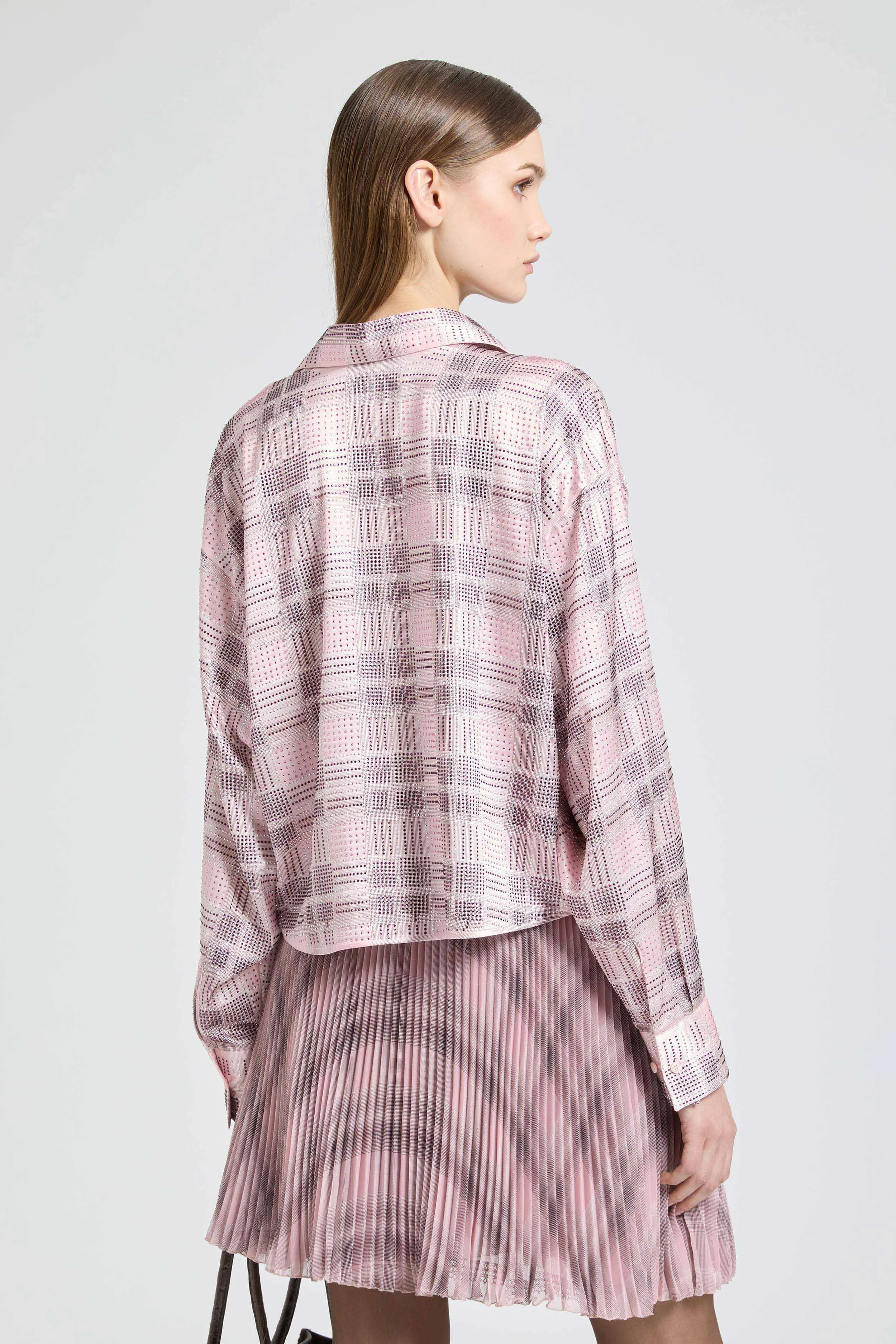 Boxy silk satin shirt with check print and tone-on-tone crystals sold by Ermanno Scervino product image thumbnail 5