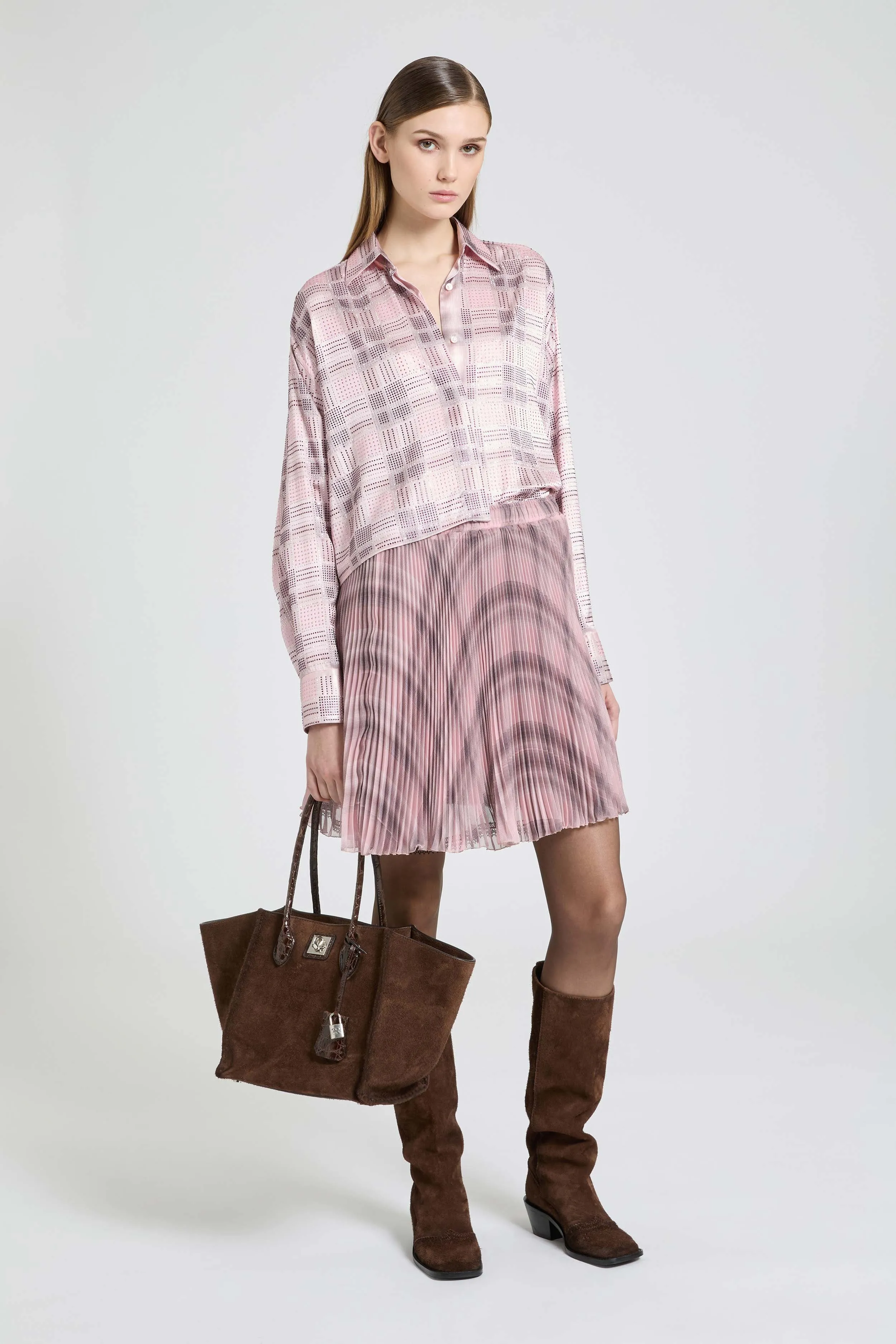 Boxy silk satin shirt with check print and tone-on-tone crystals sold by Ermanno Scervino product image thumbnail 2
