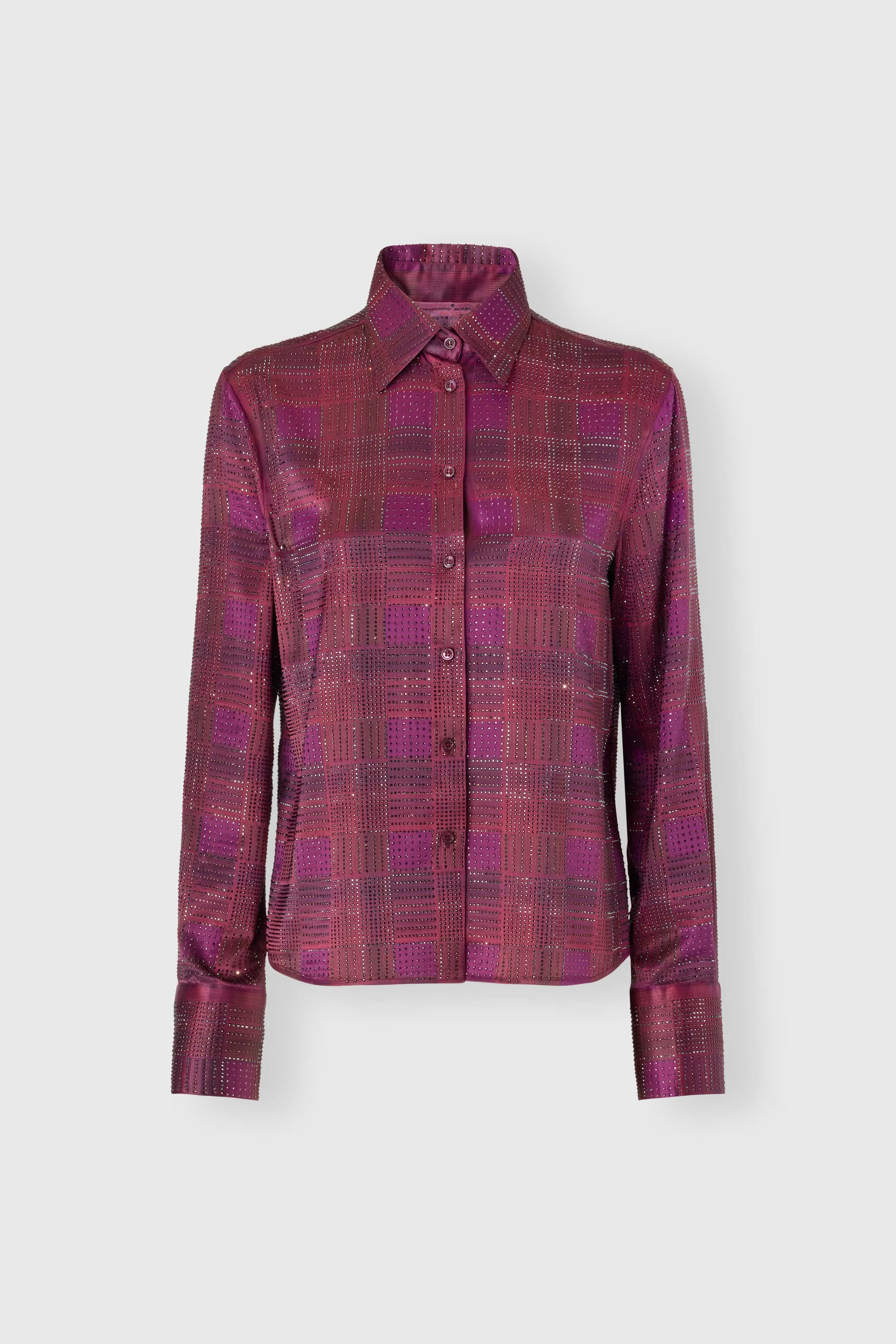 Silk satin shirt with check print and tone-on-tone crystals sold by Ermanno Scervino