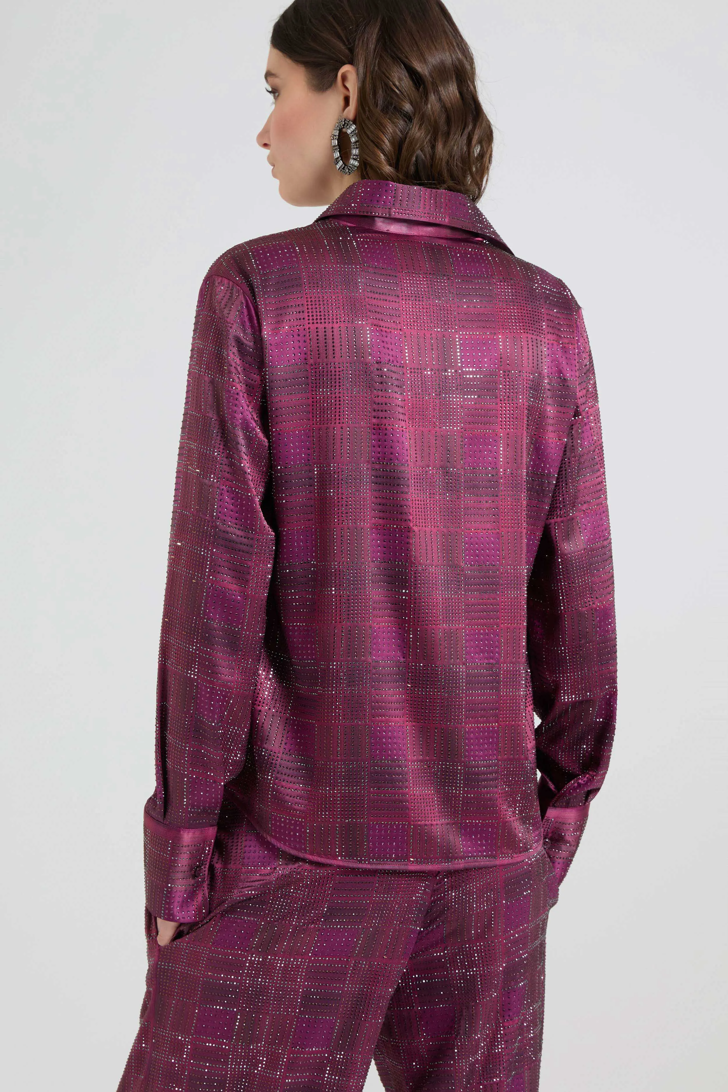 Silk satin shirt with check print and tone-on-tone crystals sold by Ermanno Scervino product image thumbnail 5