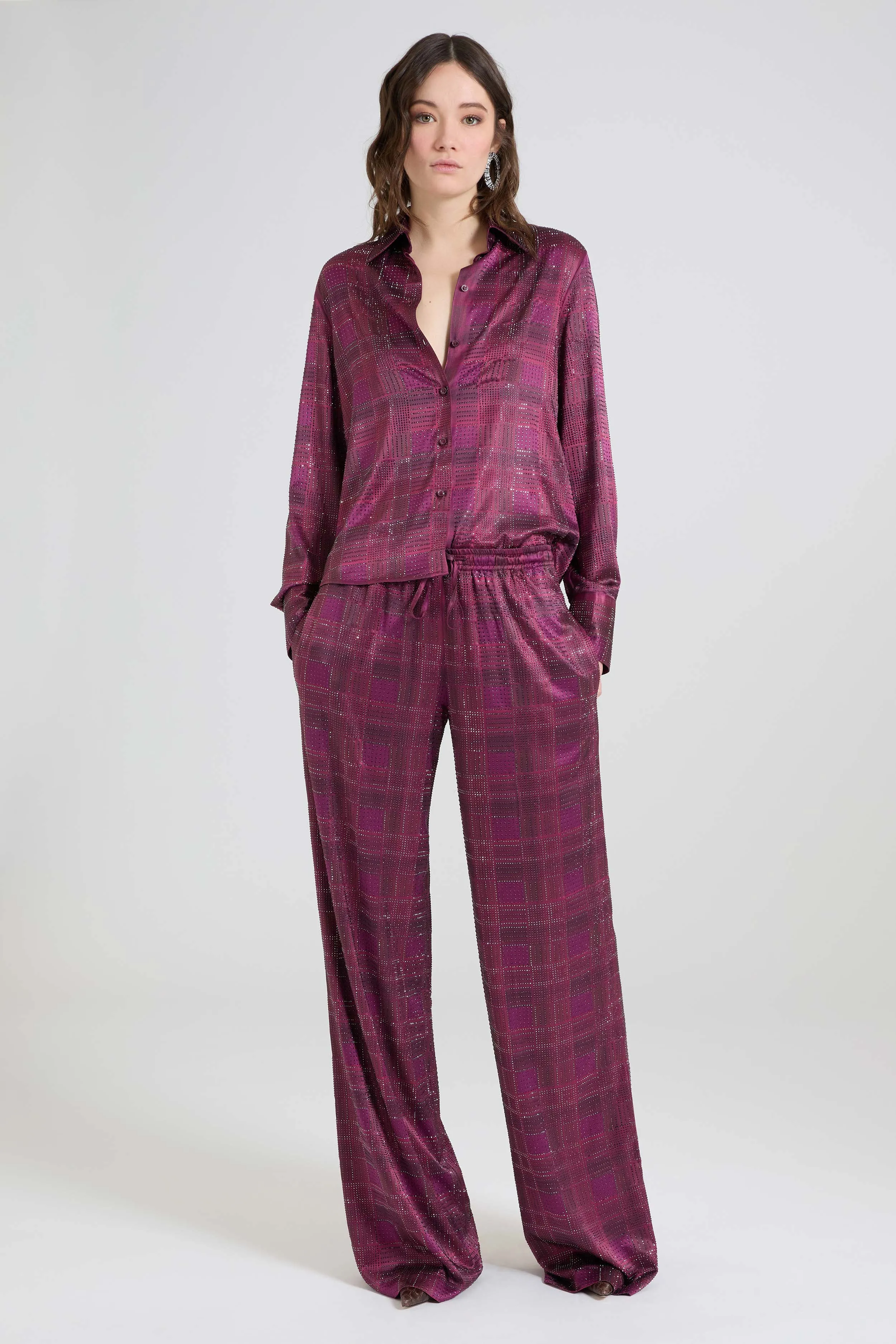Silk satin shirt with check print and tone-on-tone crystals sold by Ermanno Scervino product image thumbnail 2