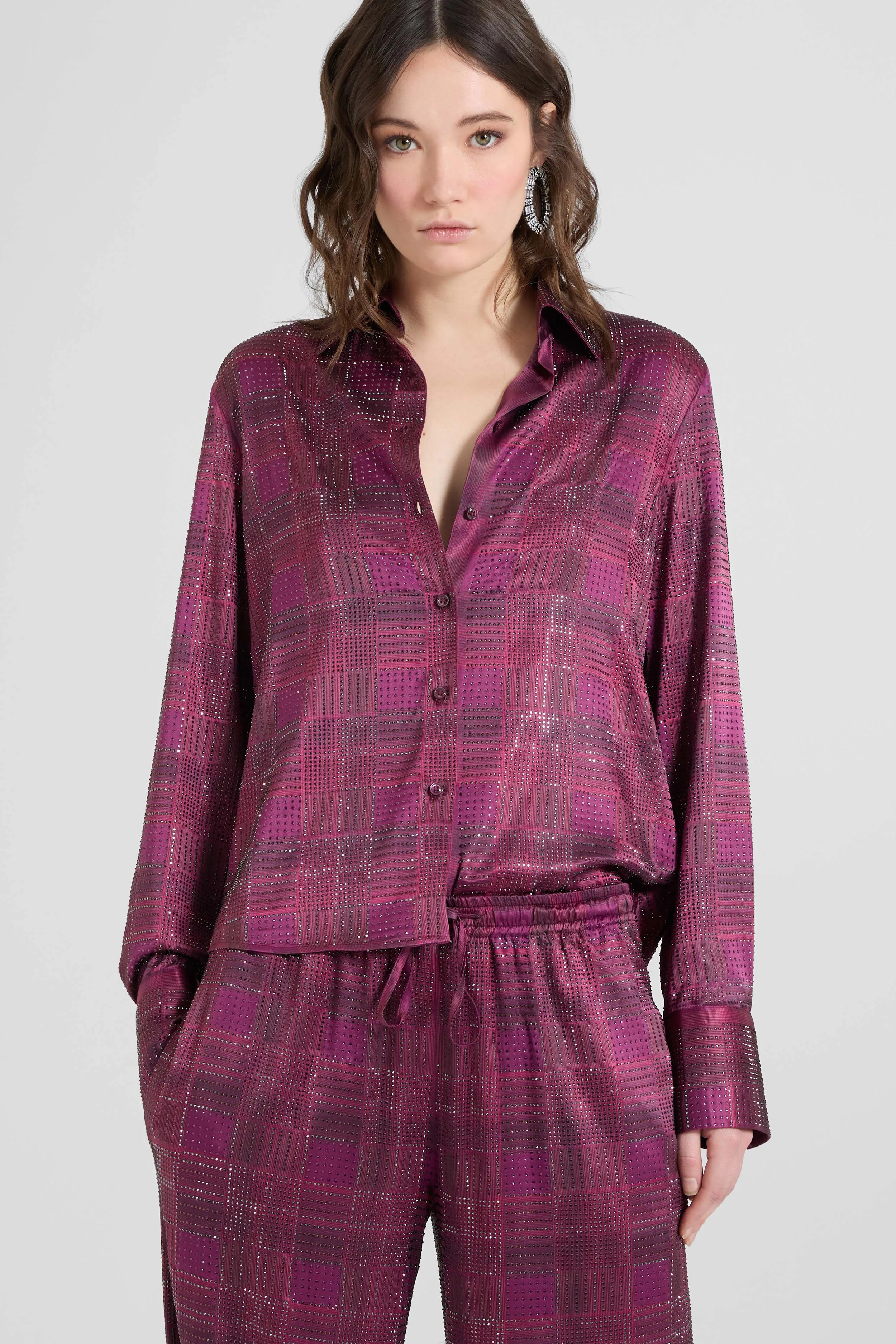 Silk satin shirt with check print and tone-on-tone crystals sold by Ermanno Scervino product image thumbnail 3
