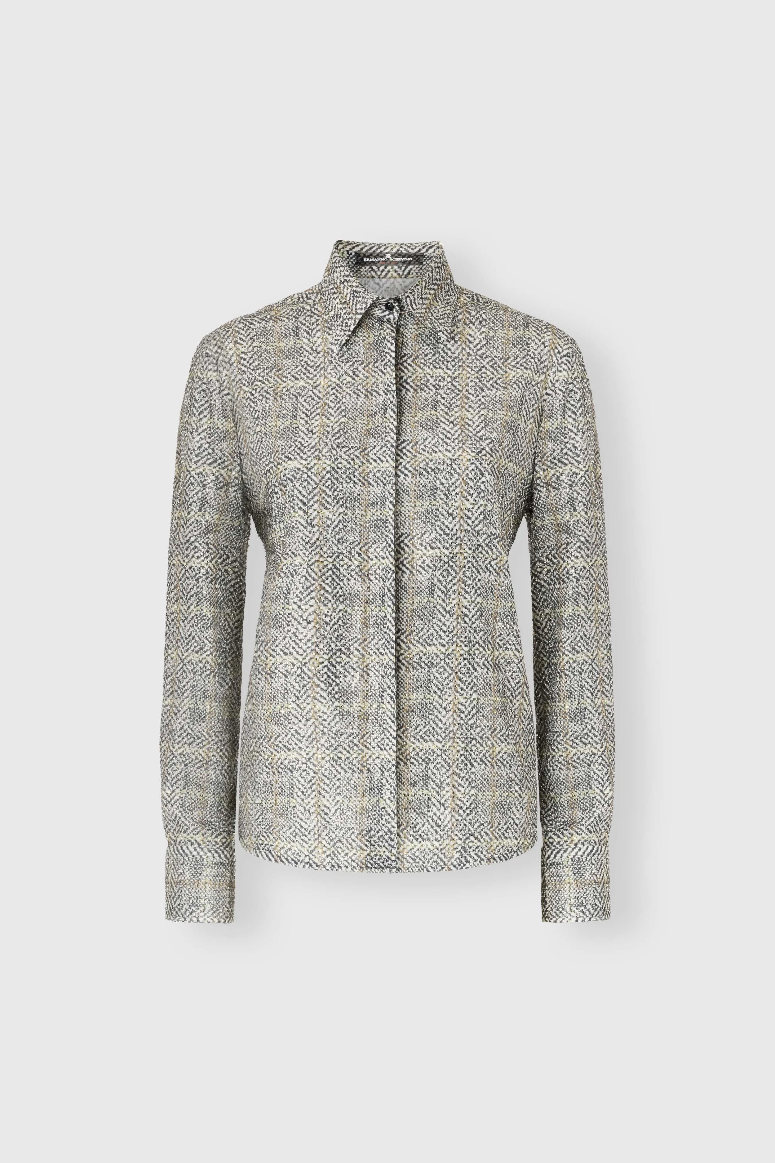 Viscose marocain shirt with resca print and tone-on-tone crystals sold by Ermanno Scervino