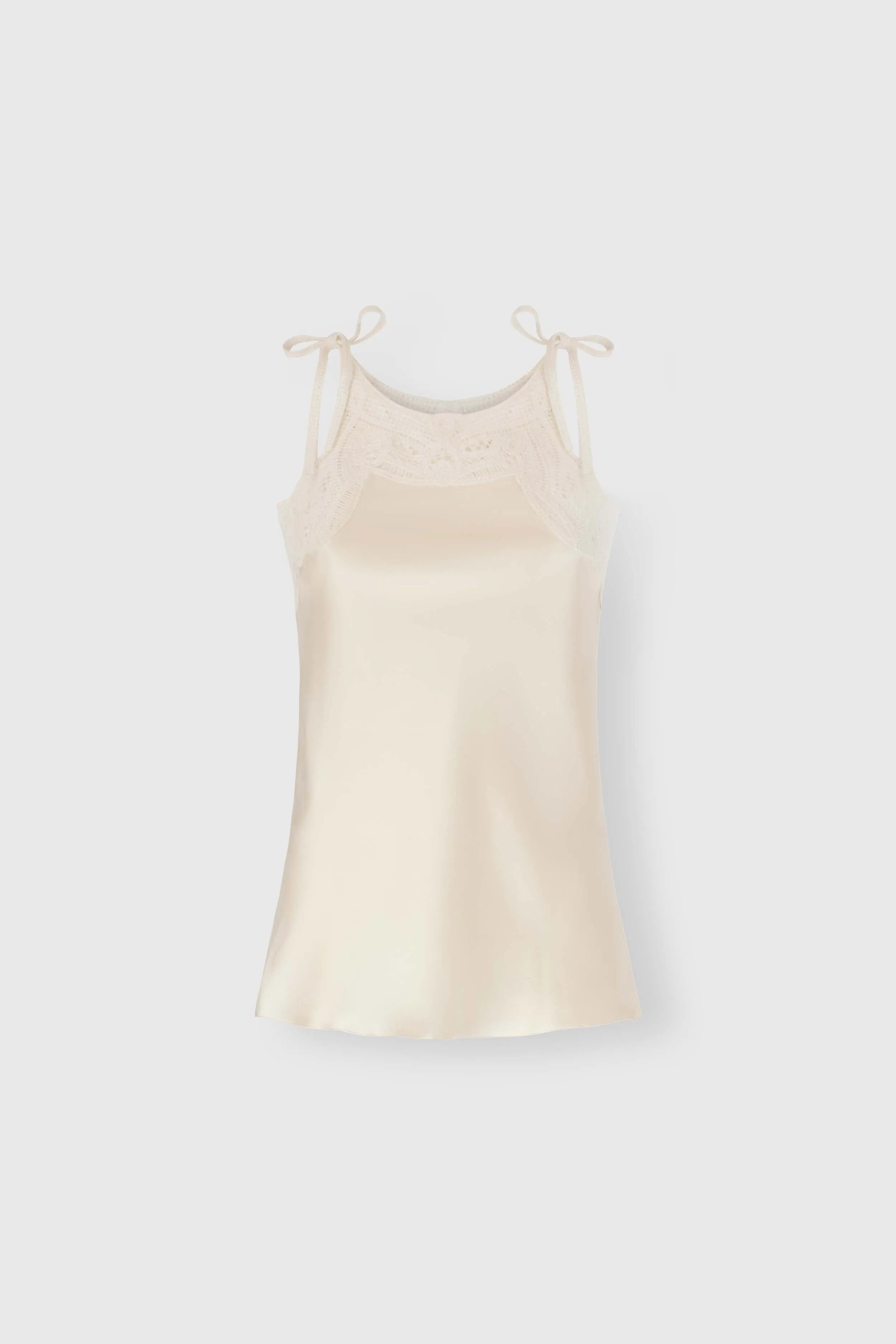 Lingerie-inspired pure silk satin top with rebrodé lace sold by Ermanno Scervino