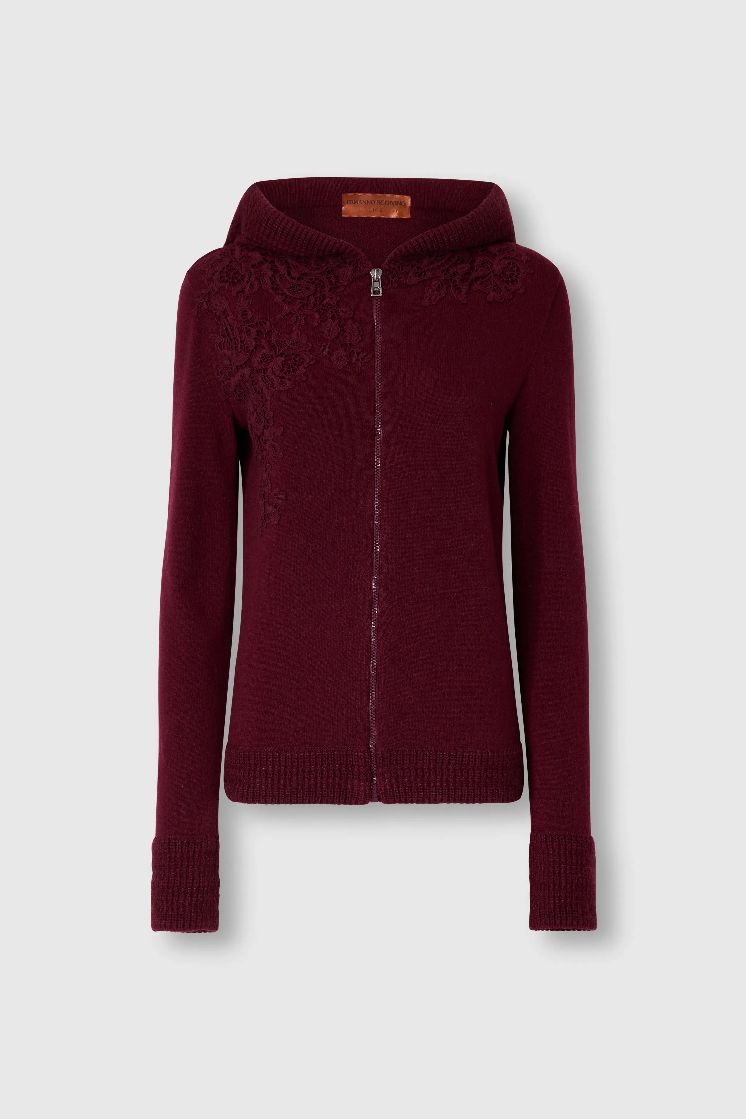 Wool, Viscose and Cashmere Blend Hooded Sweatshirt with Macramé Lace sold by Ermanno Scervino
