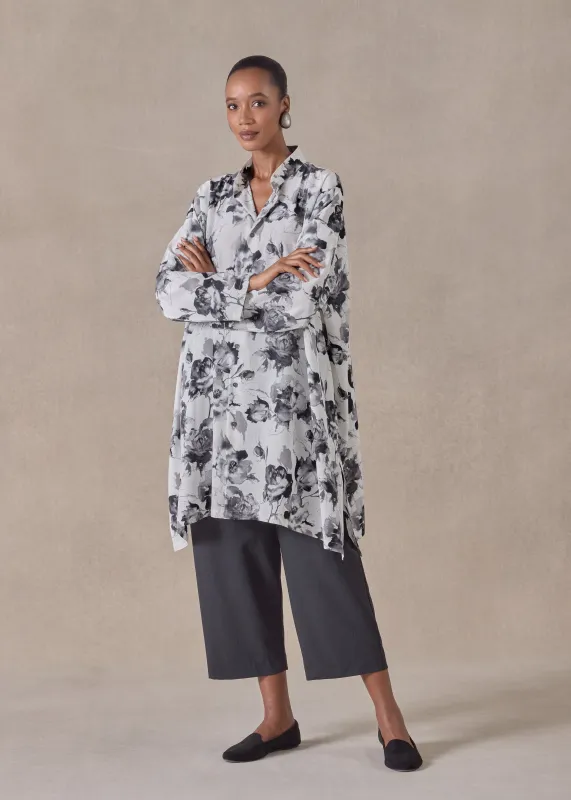 silk wide a-line collarless shirt - very long with slits (monochrome) sold by eskandar