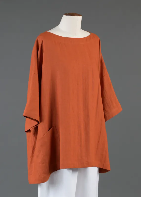 linen angle-to-front 3/4 sleeve scoop neck tunic - long in burntorange sold by eskandar