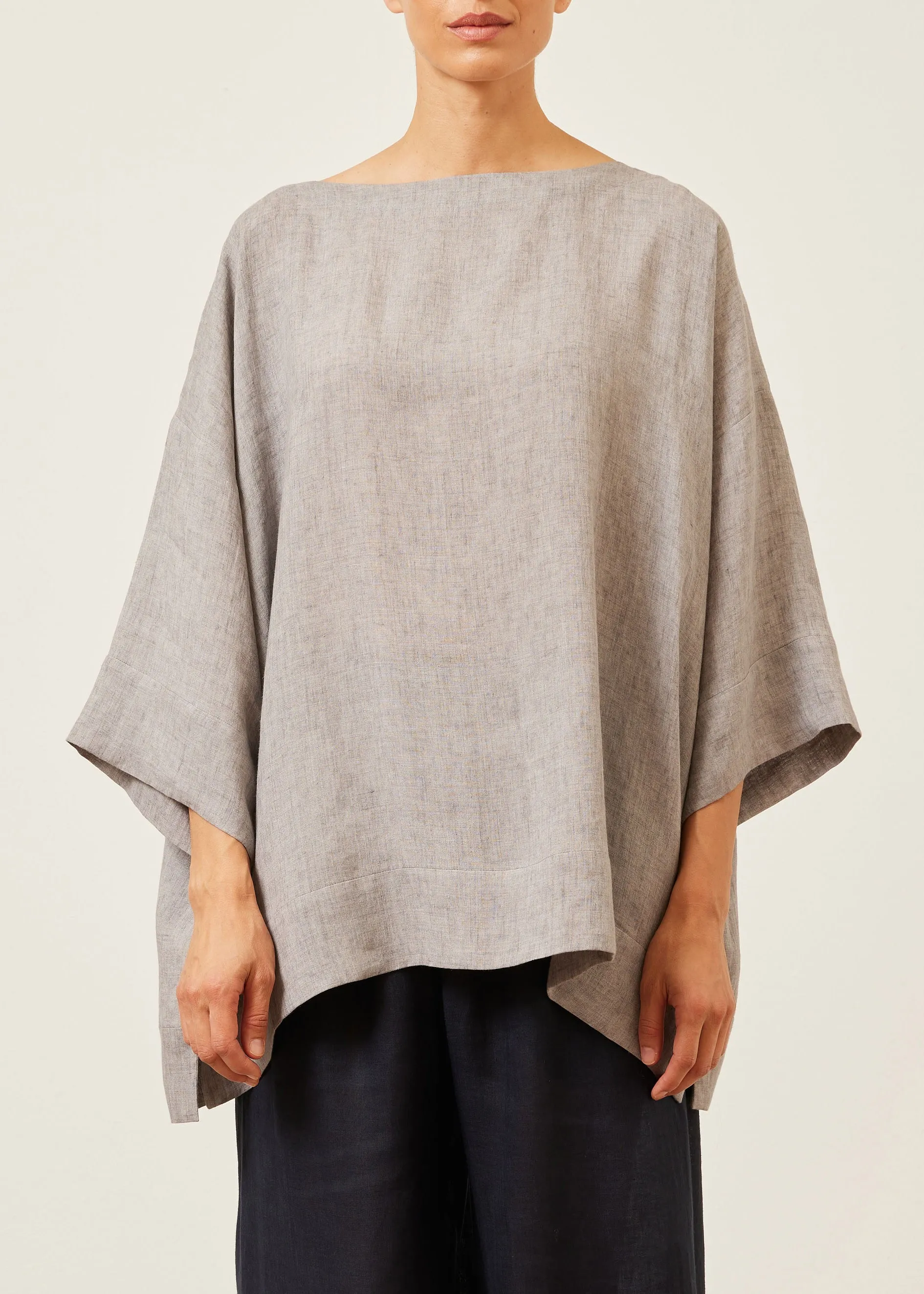 linen scoop neck 3/4 sleeve top with hem bands - long sold by eskandar