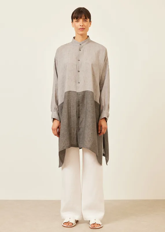 linen wide a-line collarless shirt with side slit detail - very long sold by eskandar