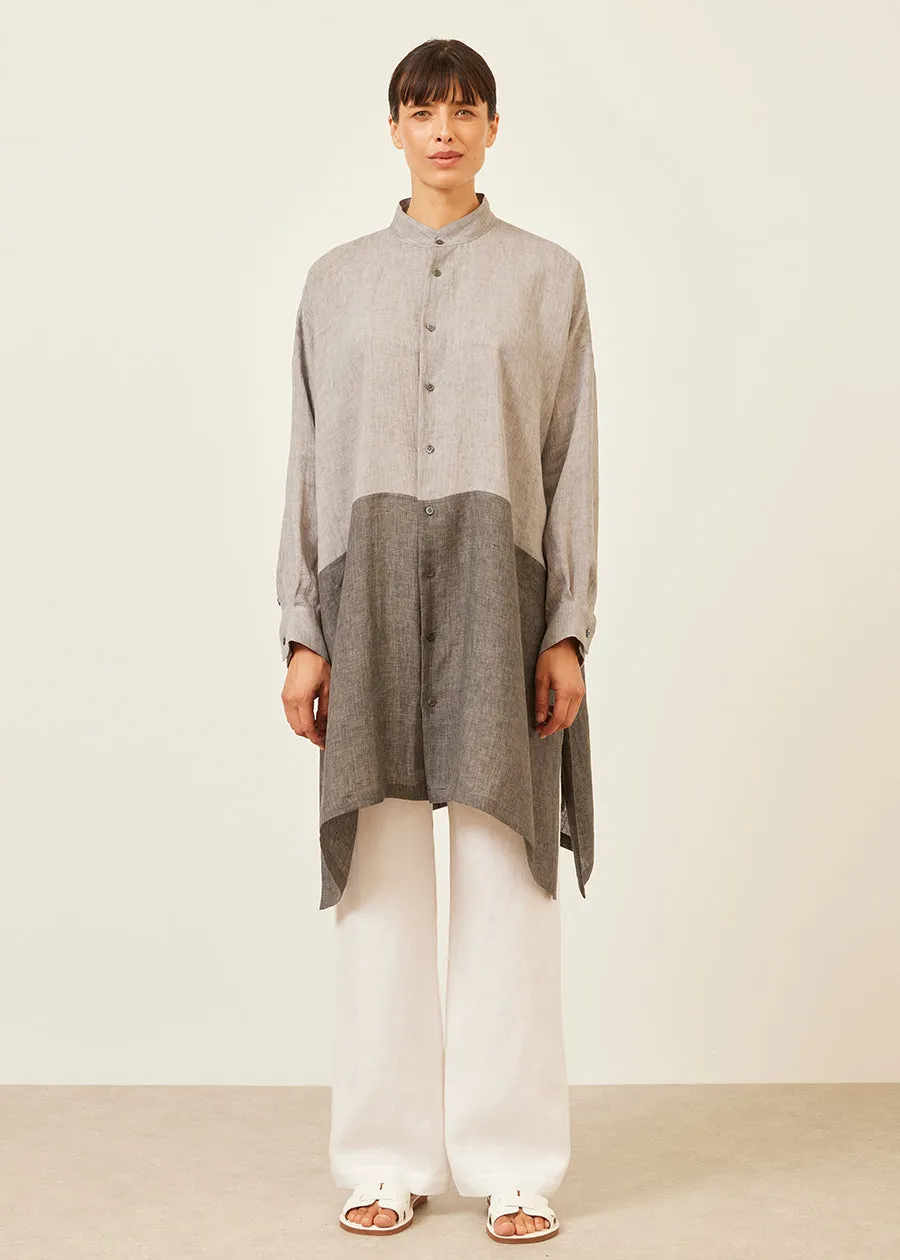 linen wide a-line collarless shirt with side slit detail - very long sold by eskandar