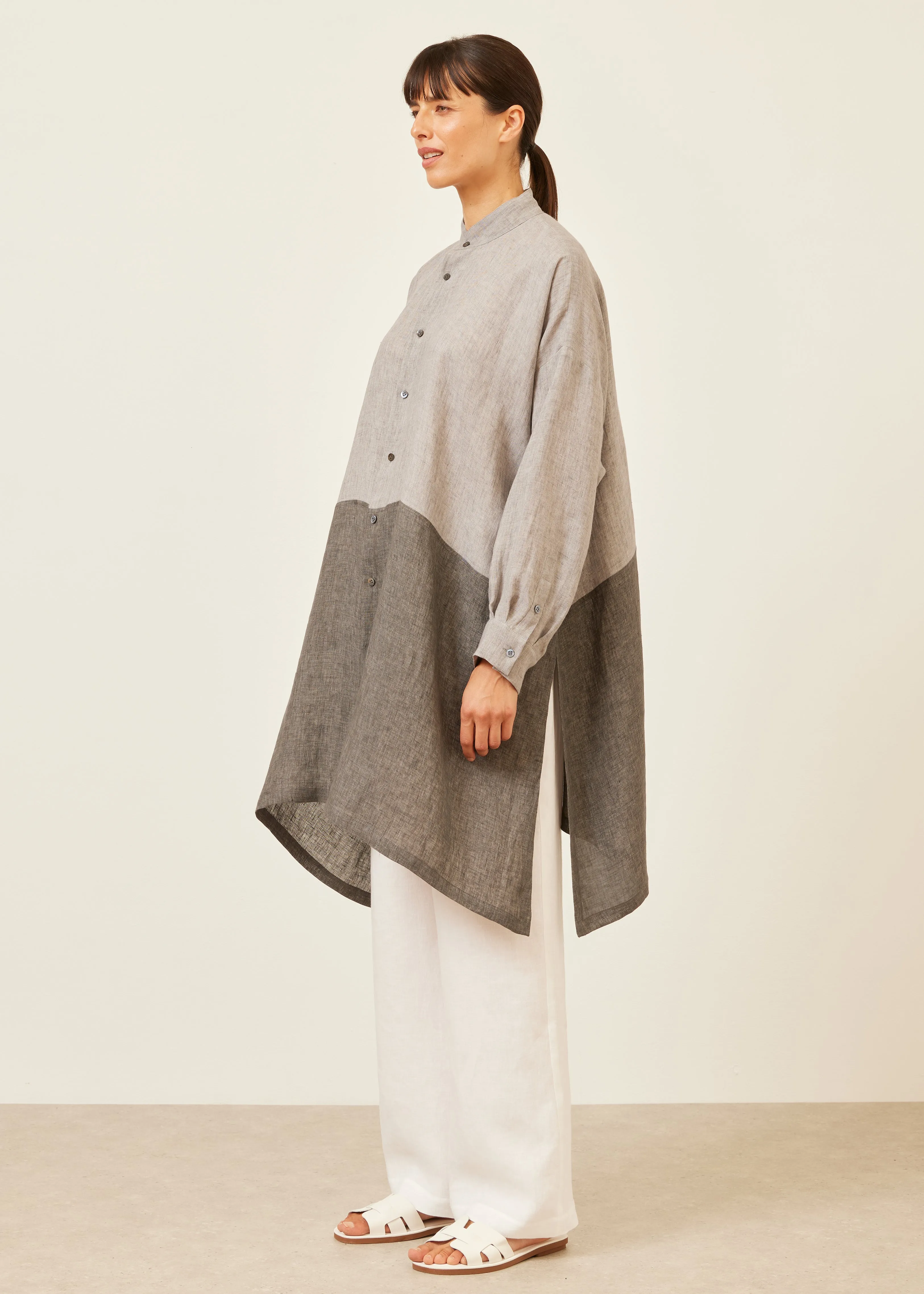 linen wide a-line collarless shirt with side slit detail - very long sold by eskandar product image thumbnail 2