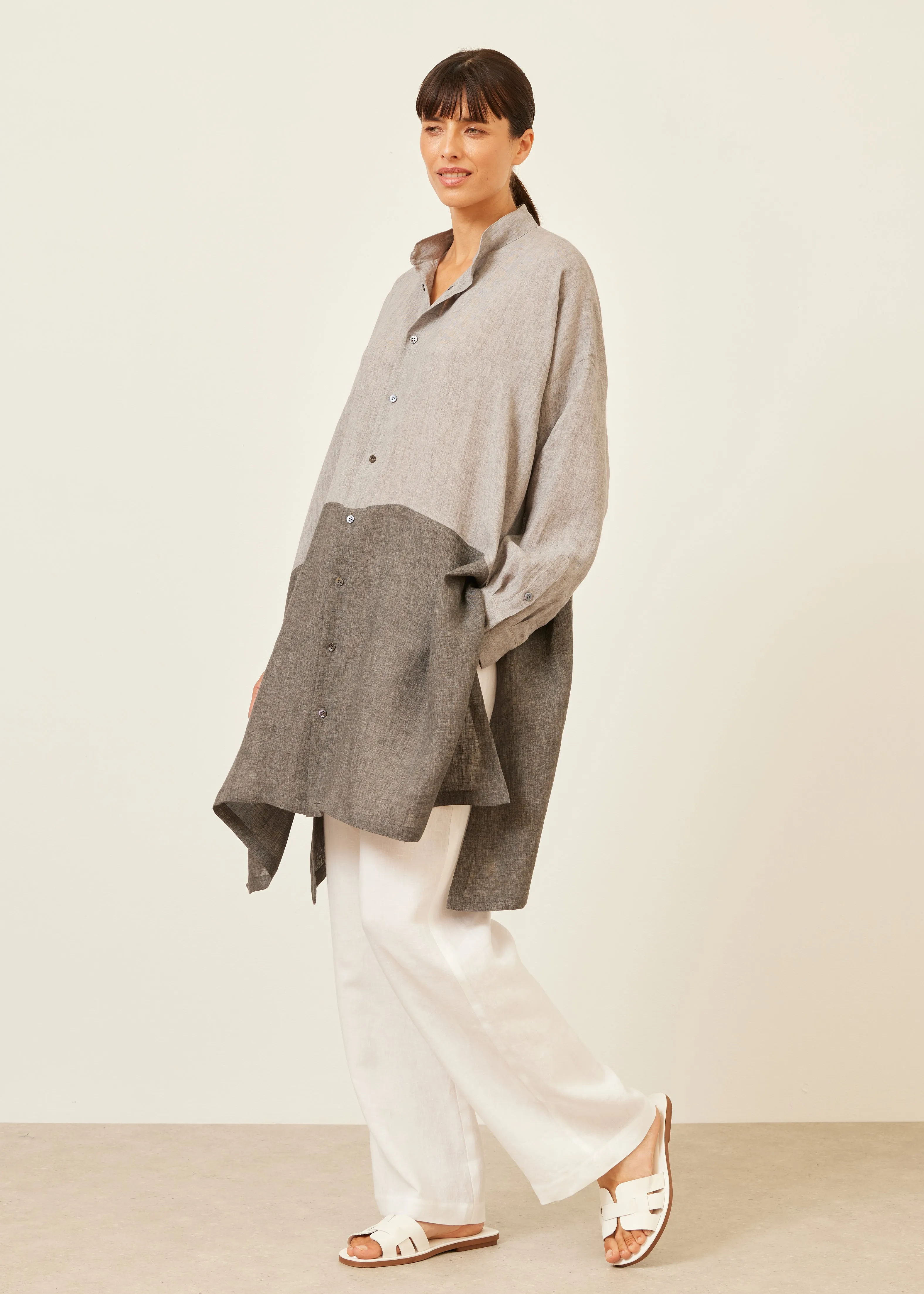 linen wide a-line collarless shirt with side slit detail - very long sold by eskandar product image thumbnail 3
