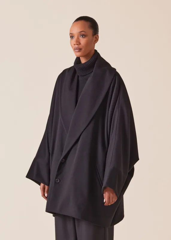 wool cashmere mix sloped shoulder shawl collar cuffed coat - long plus sold by eskandar