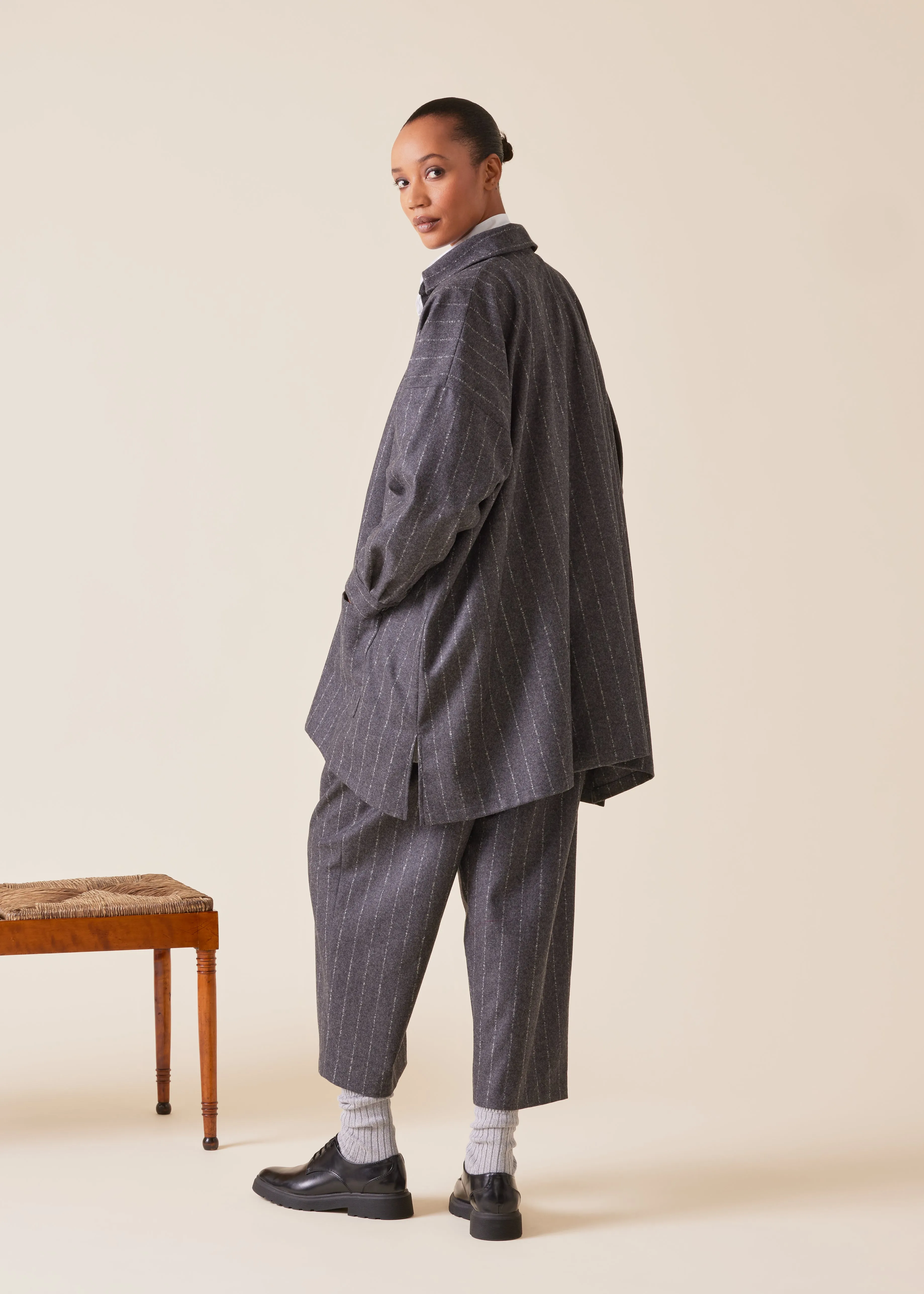 wool cashmere mix wide a-line shirt jacket with collar - long plus sold by eskandar product image thumbnail 4